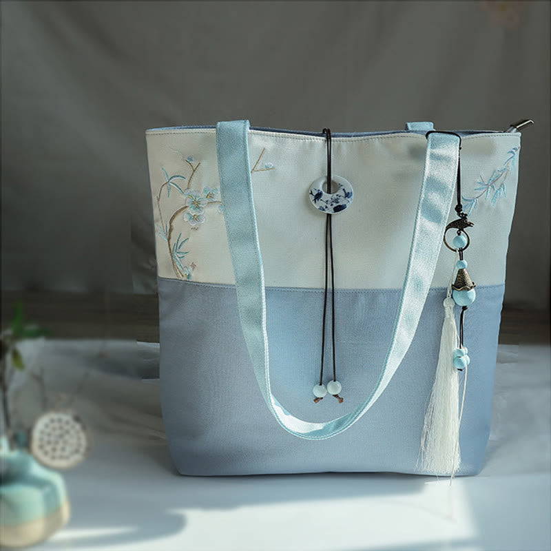Borsa a tracolla grande capacità in tela con ricamo in bambù, prugna, fiore di pera, pesco