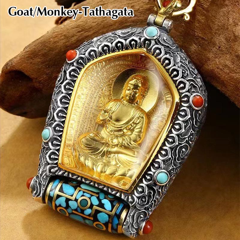 Collana con ciondolo con perline Dzi girevole Tibet Zodiaco cinese Natale Buddha Thangka Prosperità - Capra/Scimmia-Tathagata - image 9
