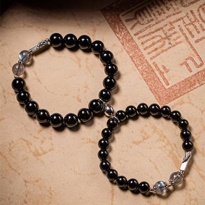 Bracciale di coppia in argento sterling 925 con pietra di luna e ossidiana - 8 mm e 10 mm - image 7