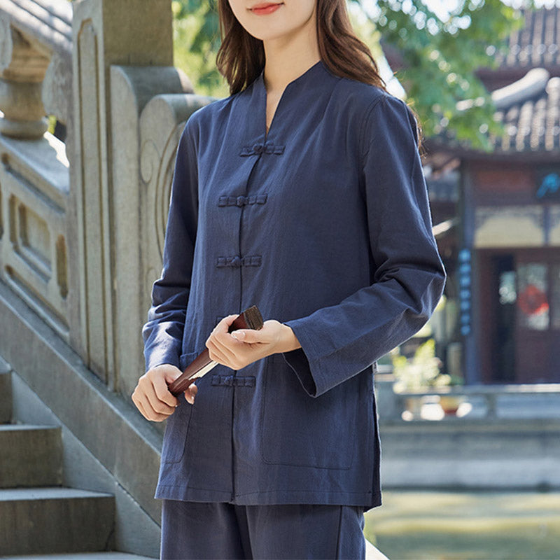 Buddha Stones Spirituale Zen Pratica Yoga Meditazione Preghiera Uniforme Cotone Lino Abbigliamento Donna Set - Blu navy - US18, UK/AU22, EU50 (6XL) - image 5