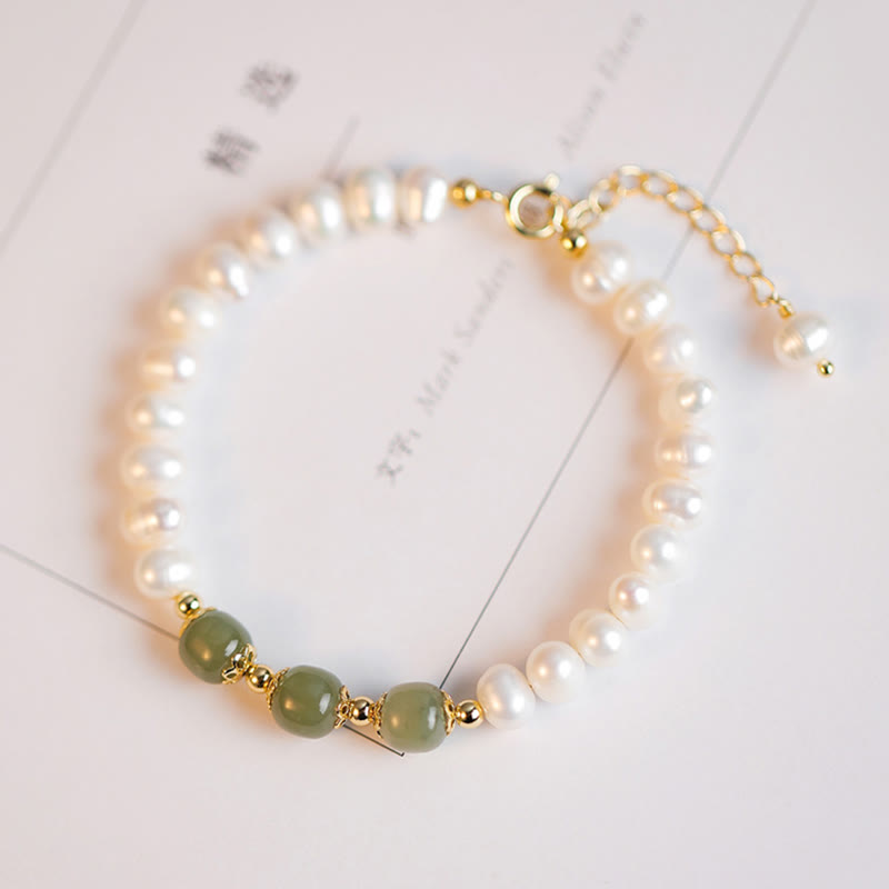 Braccialetto a catena con perle di sincerità in giada bianca e giada ciano di Hetian, placcato in oro 14K