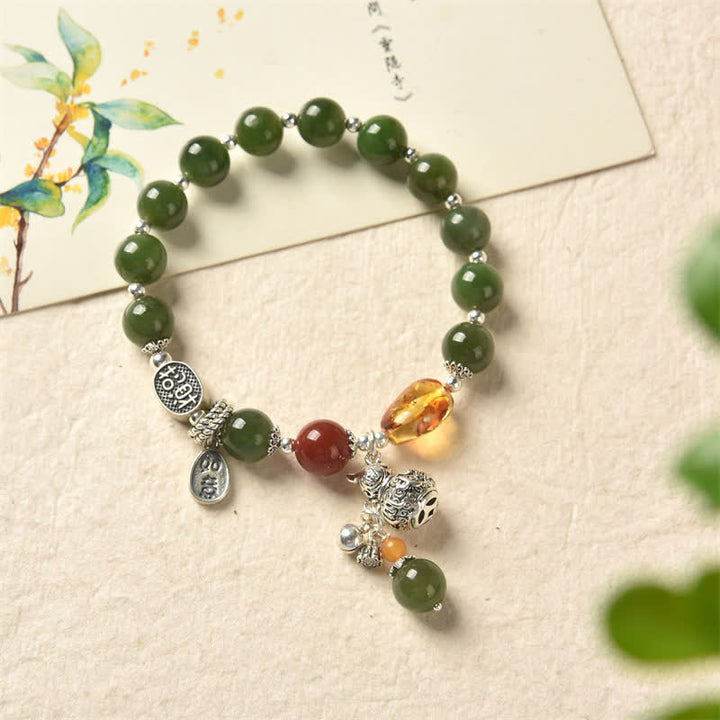 Bracciale Buddha Stones 925 Sterling Silver Hetian Cyan Jade Zucca Ambra Successo