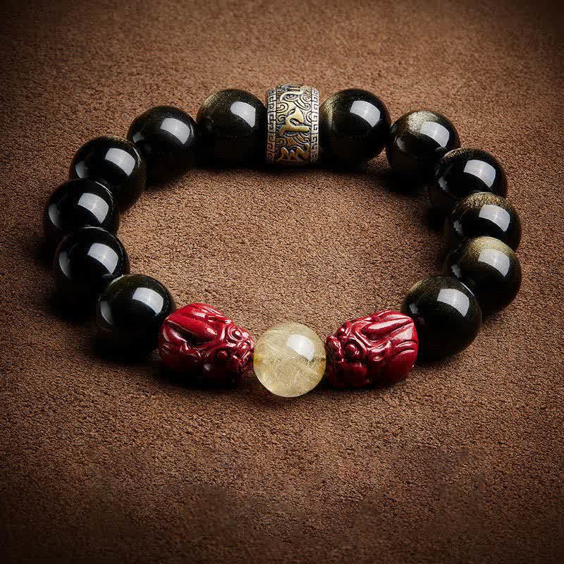 Braccialetto di protezione Om Mani Padme Hum in ossidiana lucida dorata Buddha Stones PiXiu Cinnabar