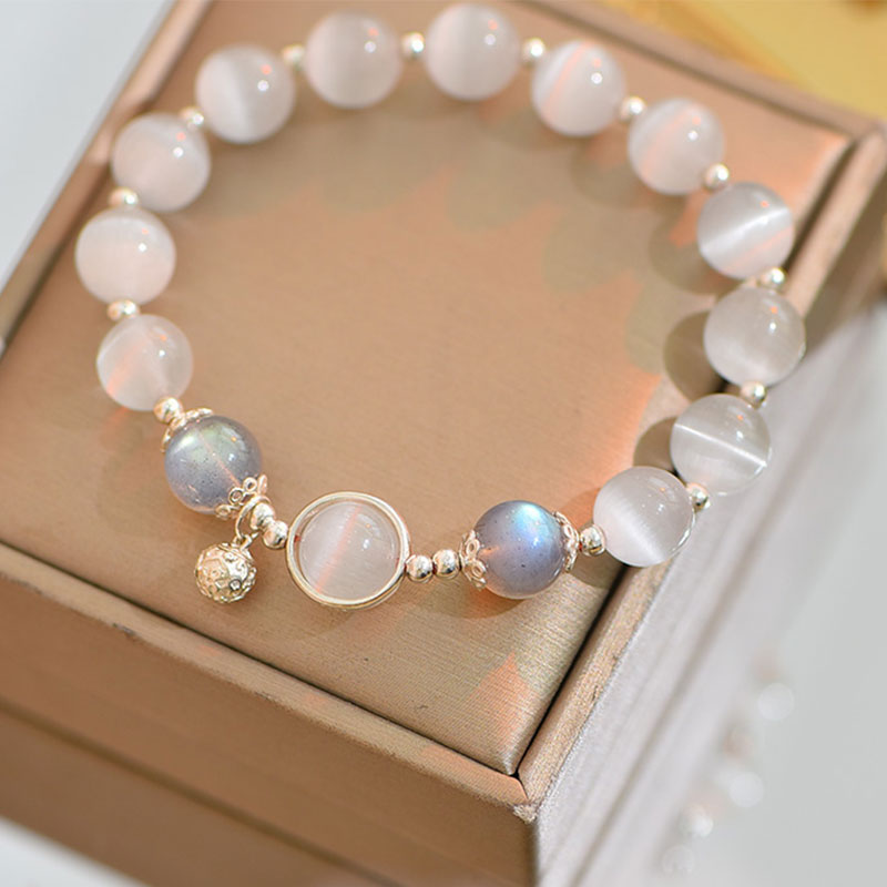 Braccialetto di supporto dell'amore con pietra di luna e occhio di gatto in argento sterling 925 Buddha Stones