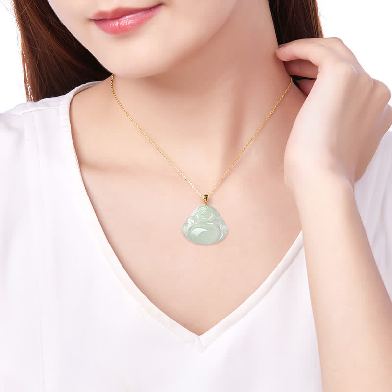 Collana con ciondolo Buddha ridente in giada naturale e oro 18 carati con abbondanza - image 3
