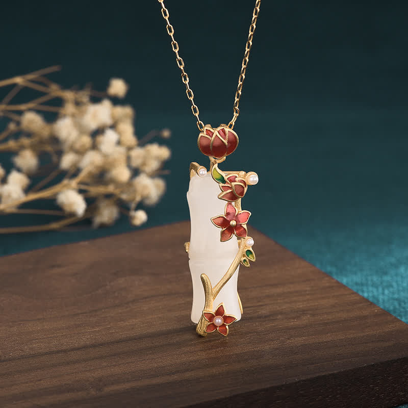 Collana con ciondolo con fiori di loto, giada bianca, bambù e Buddha Stones, protezione dalla fortuna - image 1
