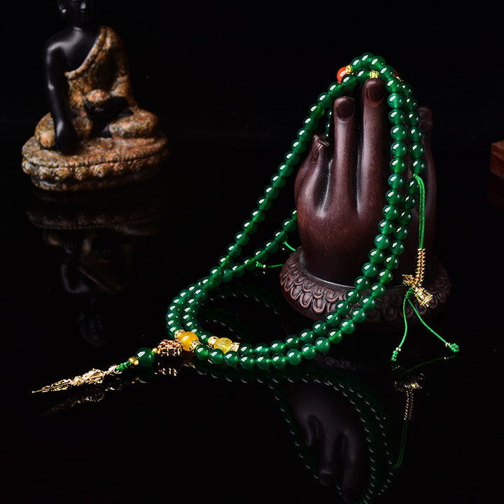 Buddha Stones 108 Perle Agata Verde Naturale Braccialetto Mala