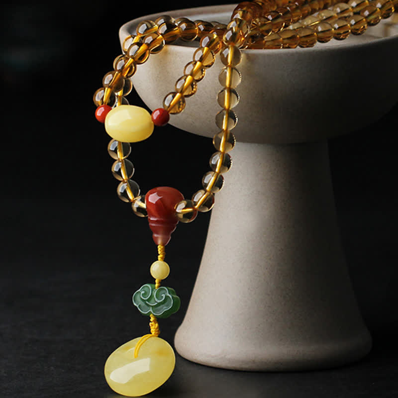 Braccialetto con ciondolo di protezione PiXiu, 108 perle di Mala, ambra citrino naturale, fibbia della pace, agata rossa