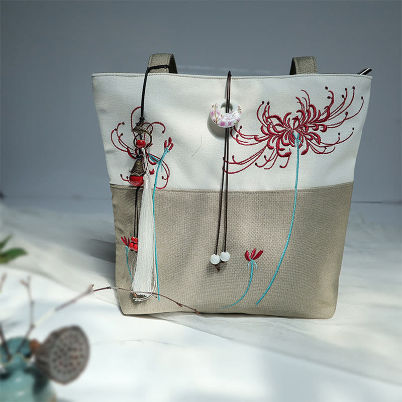 Borsa a tracolla grande capacità in tela con ricamo in bambù, prugna, fiore di pera, pesco