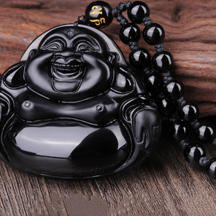 Collana con ciondolo di trasformazione in ossidiana nera Buddha Stones Laughing Buddha - image 5