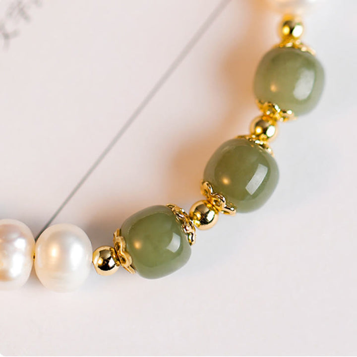 Braccialetto a catena con perle di sincerità in giada bianca e giada ciano di Hetian, placcato in oro 14K