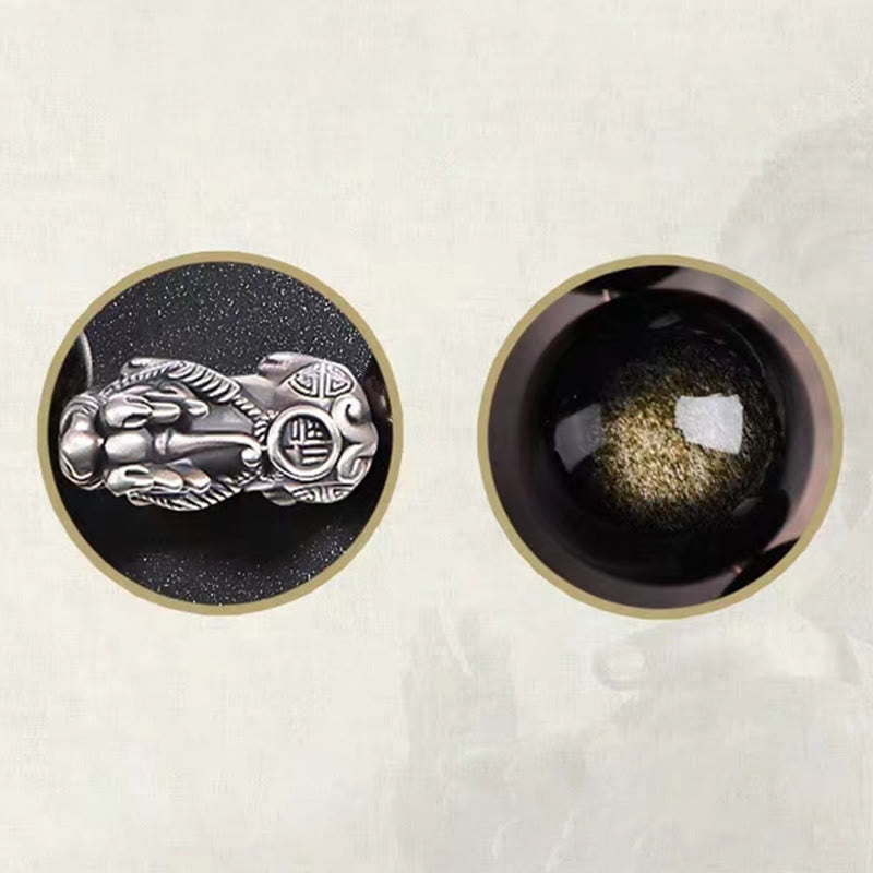 Braccialetto di protezione della ricchezza PiXiu in ossidiana naturale lucidata in argento sterling 925 Buddha Stones
