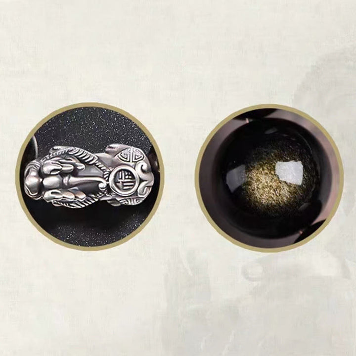 Braccialetto di protezione della ricchezza PiXiu in ossidiana naturale lucidata in argento sterling 925 Buddha Stones