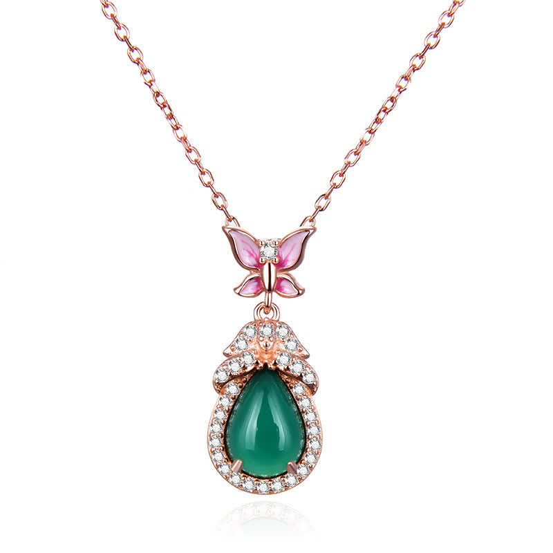 Collana con ciondolo in argento sterling 925, calcedonio verde, farfalla e zircone, coraggio