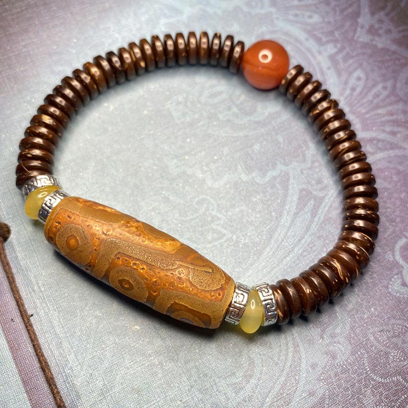 Buddha Stones Braccialetto della ricchezza con perline Dzi tibetane a nove occhi - Marrone - image 3