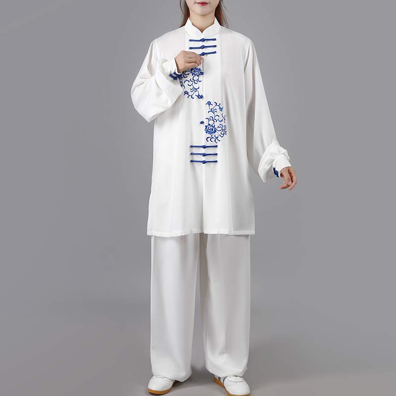 Buddha Stones Fiore Ricamo Meditazione Preghiera Spirituale Zen Tai Chi Qigong Pratica Set di Abbigliamento Unisex