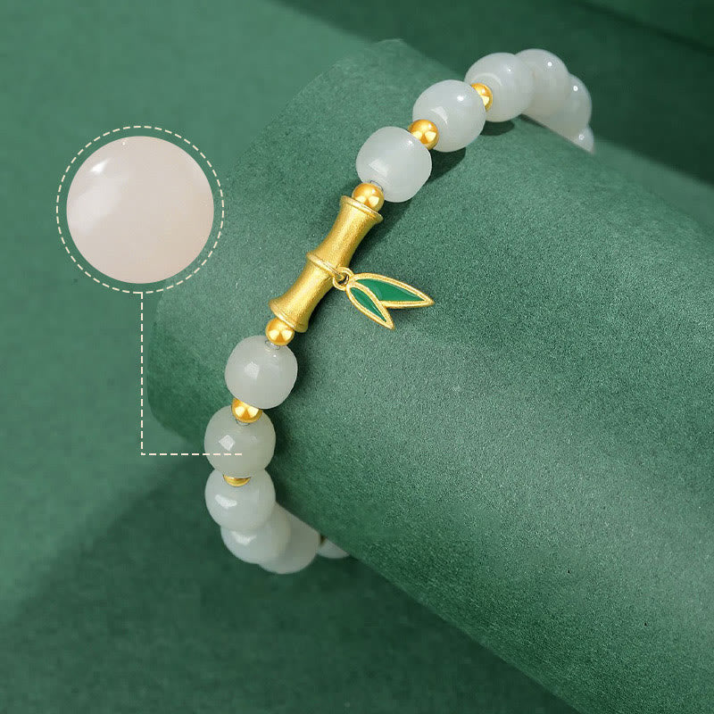 Braccialetto della fortuna in bambù e giada bianca Hetian in argento sterling 925 Buddha Stones