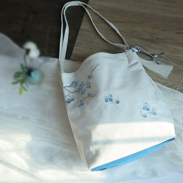 Buddha Stones Flower Crane Plum Blossom Ricamo Tela Grande Capacità Borsa a Tracolla Tote Bag