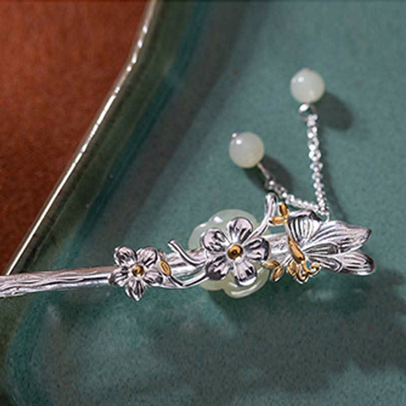 Forcina per capelli con fiore di giada bianca Hetian in argento sterling 925