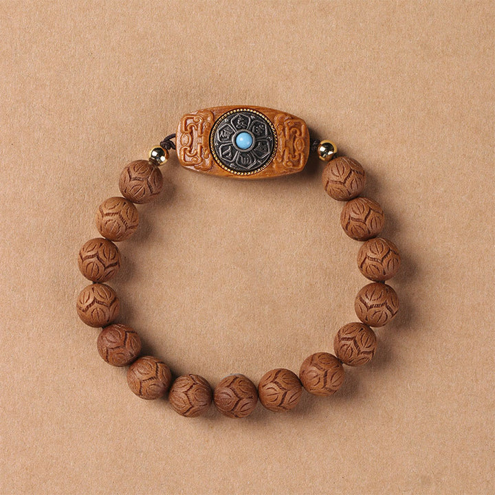 Braccialetto rilassante Om Mani Padme Hum in legno di sandalo verde e legno di ebano e sandalo Buddha Stones