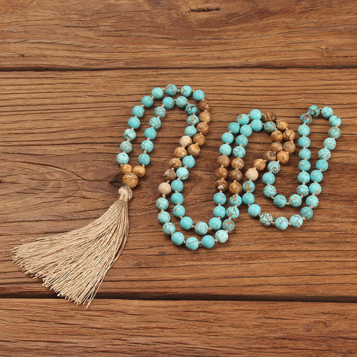 Buddha Stones con 108 perle di Mala in turchese e diaspro con nappa della saggezza
