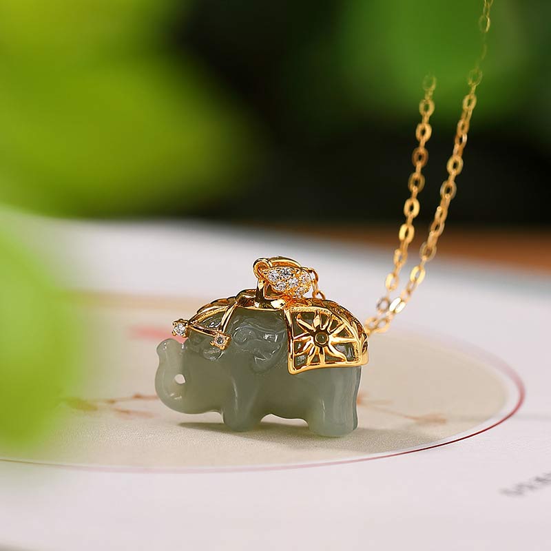 Collana con ciondolo a forma di elefante in argento sterling 925 con Buddha Stones e giada, benedizione e fortuna