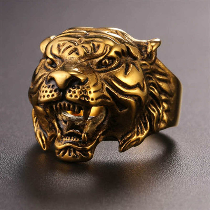 Anello da motociclista punk rock con testa di tigre in titanio e acciaio da uomo