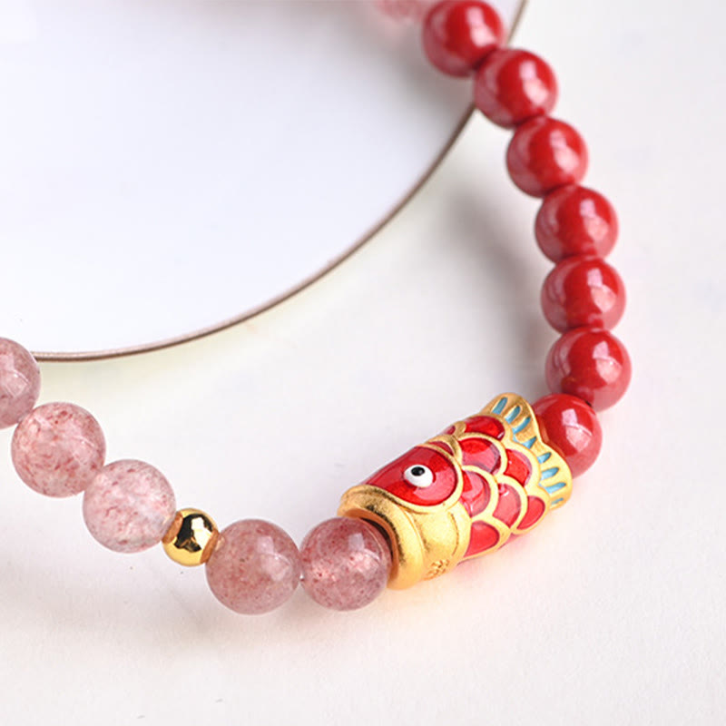 Braccialetto curativo con pesce koi portafortuna in quarzo fragola naturale cinabro Buddha Stones