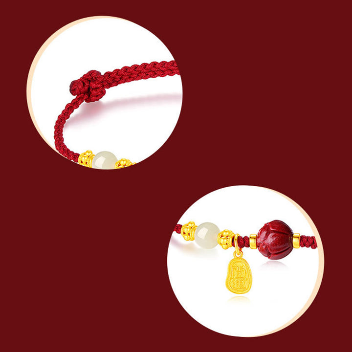 Bracciale Buddha Stones placcato oro 24K Hetian White Jade Cinnabar Lotus Luck Rope