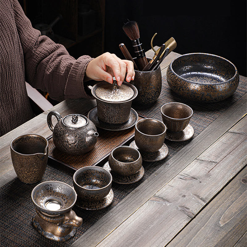 Buddha Stones Retro Rust Glaze Ceramic Gaiwan Sancai Tazza da tè Kung Fu Tazza da tè e piattino con coperchio