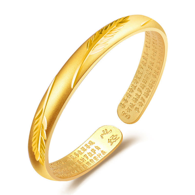 Bracciale rigido in rame con motivo inciso a forma di cuore con piume Buddha Stones, modello Wealth