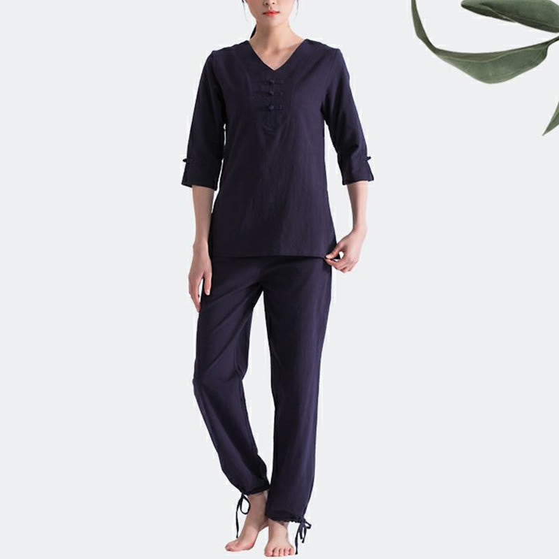 Buddha Stones Yoga Meditazione Preghiera Scollo a V Design Cotone Lino Abbigliamento Uniforme Zen Pratica Set da Donna - image 5