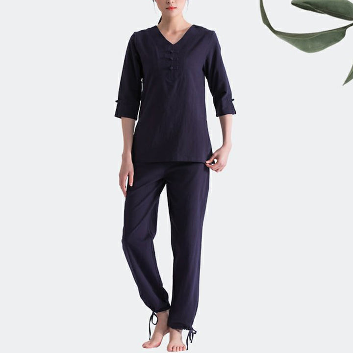 Buddha Stones Yoga Meditazione Preghiera Scollo a V Design Cotone Lino Abbigliamento Uniforme Zen Pratica Set da Donna - image 5