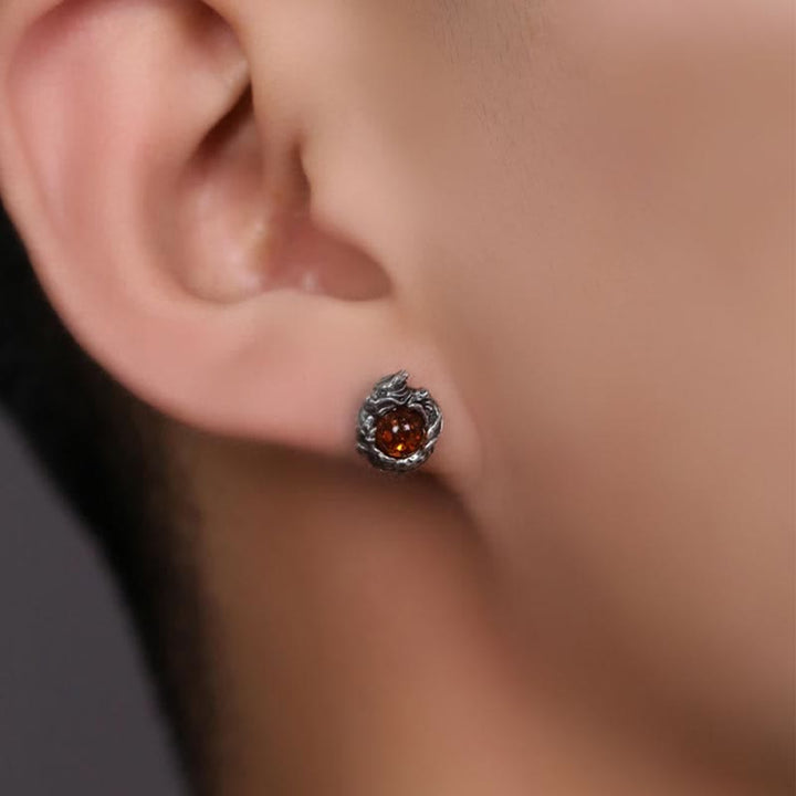 Orecchino a perno Buddha Stones 925 Sterling Silver Ambra naturale Drago Protezione Successo