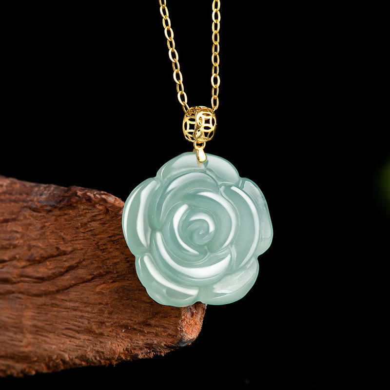 Collana con ciondolo in giada rosa naturale con Buddha Stones in oro 18 carati e argento sterling 925