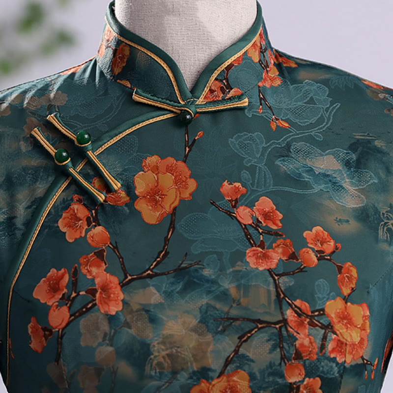 Abito da donna in cheongsam con stampa di piume di peonia e fiori di loto retrò Buddha Stones