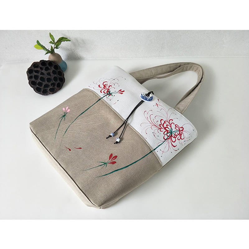 Borsa a tracolla grande capacità in tela con ricamo in bambù, prugna, fiore di pera, pesco