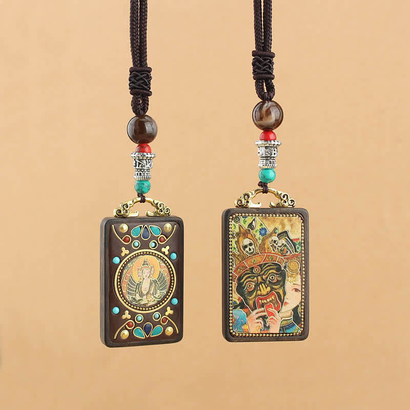 Buddha Stones Tibet Dio della Ricchezza Thangka Ebano Collana Pendente della Pace