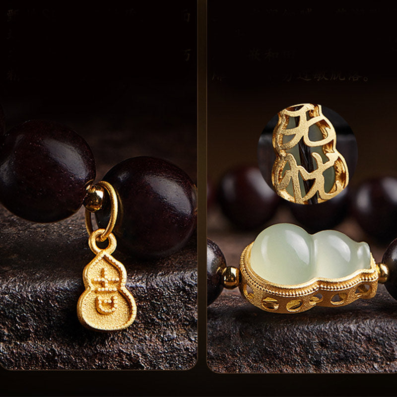Braccialetto di rilassamento calmo con piccole foglie di sandalo rosso, zucca e giada Buddha Stones