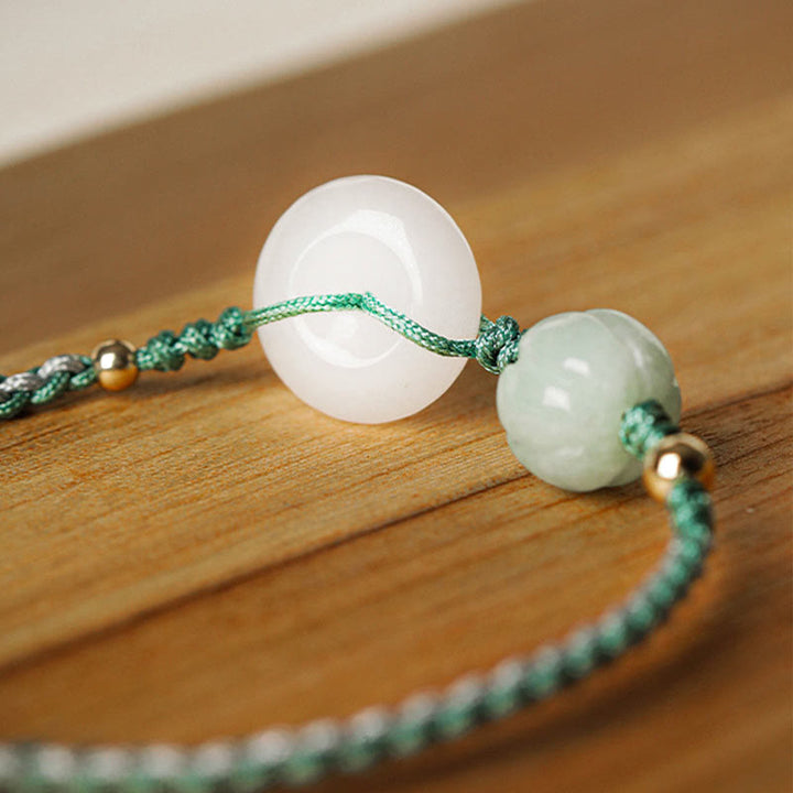 Bracciale intrecciato con perline di zucca, giada bianca, fibbia della pace, benedizione della fortuna, Buddha Stones