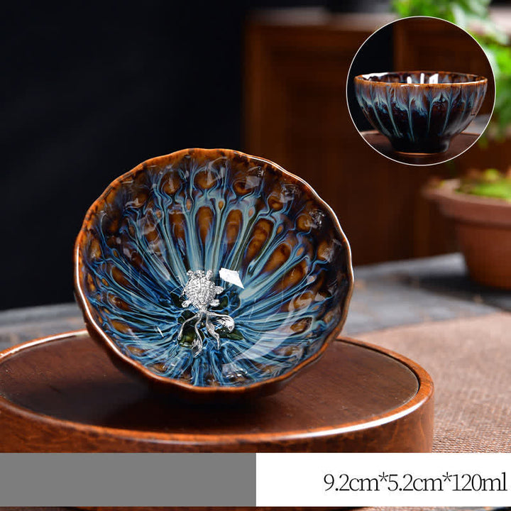 Buddha Stones Lotus Pavone Drago Fenice Koi Pesce Tazza da tè in ceramica Tazze da tè intarsiate 120ml
