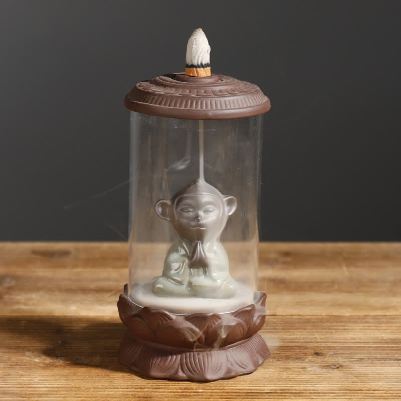 Meditazione Wukong Monkey King Argilla Viola Parabrezza Loto Fontana di Fumo a Riflusso Bruciatore di Incenso Decorazione