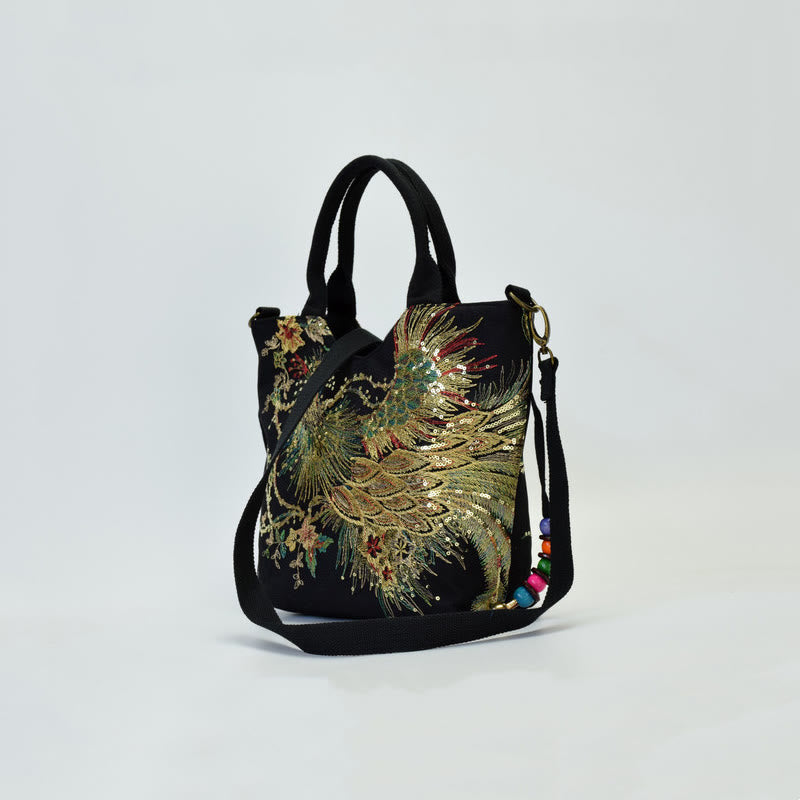 Borsa a tracolla con ricamo a doppia faccia con Buddha Stones e pavone