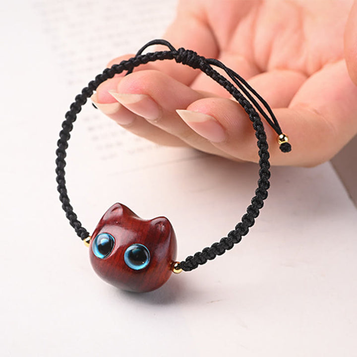 Braccialetto intrecciato con testa di gatto, piccola foglia, sandalo rosso, ebano, protezione calma, Buddha Stones - image 3
