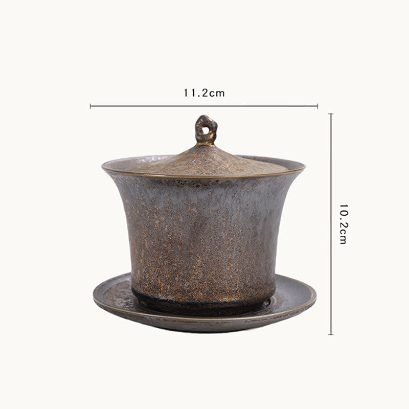 Buddha Stones Retro Rust Glaze Ceramic Gaiwan Sancai Tazza da tè Kung Fu Tazza da tè e piattino con coperchio