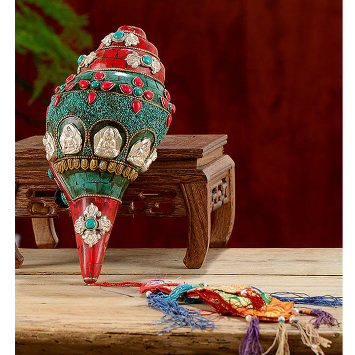 Shankha tibetano fatto a mano Om Mani Padme Hum Buddha Avalokitesvara Turchese Conchiglia Decorazione positiva - image 12