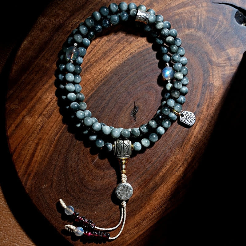 Buddha Stones Argento Sterling 925 108 Perline Mala Pietra Occhio d'Aquila Pietra di Luna Braccialetto Positivo
