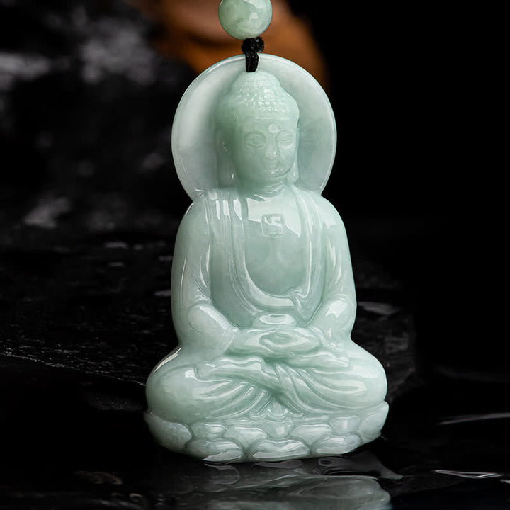 Buddha Stones Amitabha Buddha Amuleto di Giada Collana di Corda della Compassione