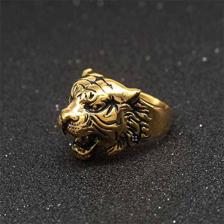 Anello da motociclista punk rock con testa di tigre in titanio e acciaio da uomo
