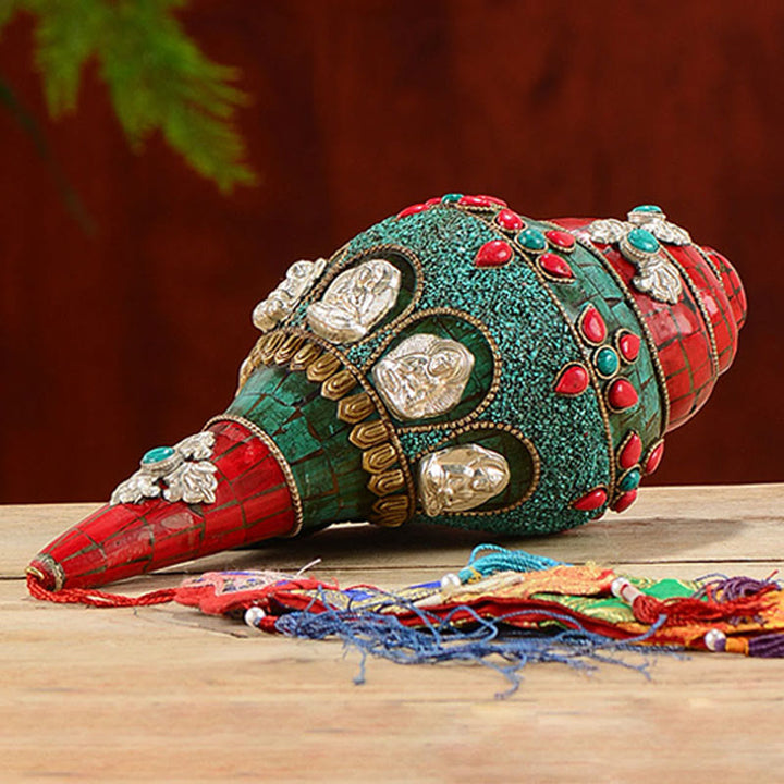 Shankha tibetano fatto a mano Om Mani Padme Hum Buddha Avalokitesvara Turchese Conchiglia Decorazione positiva - image 2